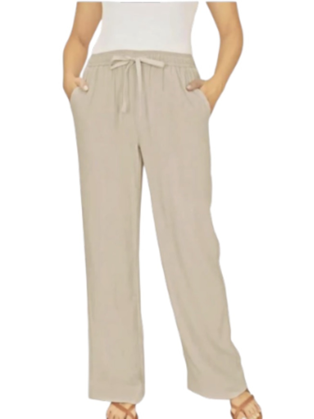 Briggs Women's Tan Linen Blend Drawstring Wide Leg Pants Small